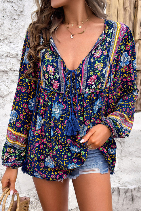 Bohemian Floral Tassel Tie Front Long Sleeve Blouse