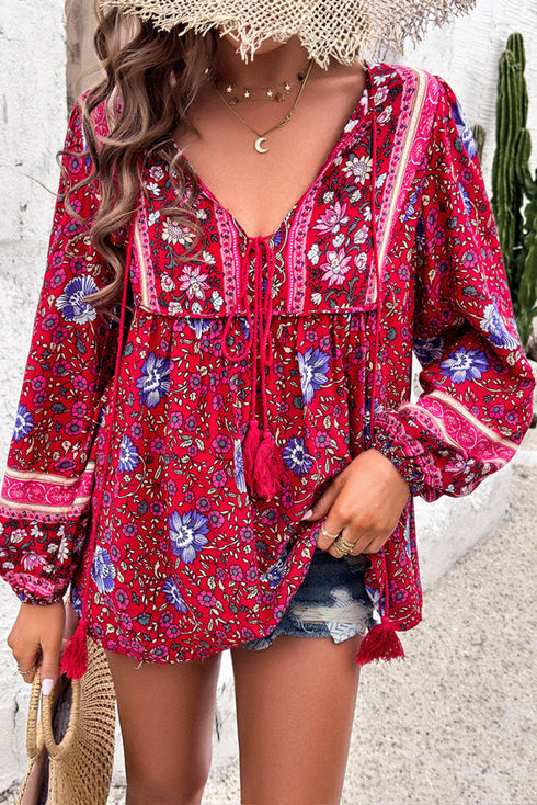 Bohemian Floral Tassel Tie Front Long Sleeve Blouse
