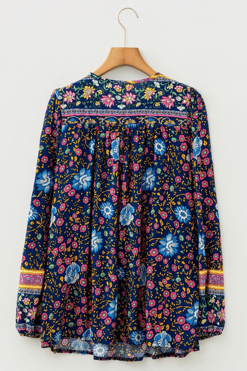 Bohemian Floral Tassel Tie Front Long Sleeve Blouse