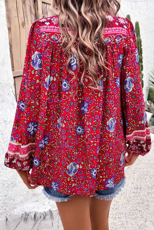 Bohemian Floral Tassel Tie Front Long Sleeve Blouse