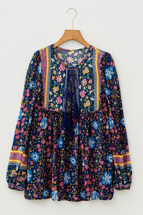Bohemian Floral Tassel Tie Front Long Sleeve Blouse