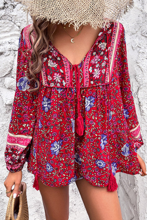 Bohemian Floral Tassel Tie Front Long Sleeve Blouse