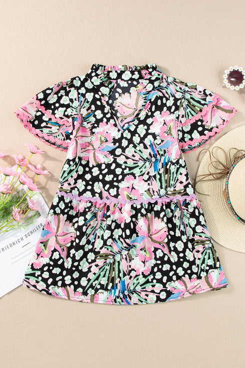 Bohemian Floral Tiered Short Sleeve Rick Rack Blouse