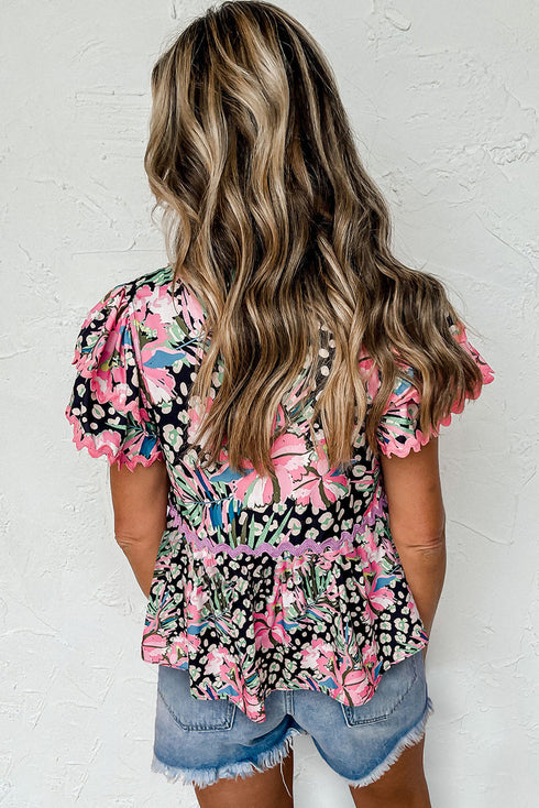 Bohemian Floral Tiered Short Sleeve Rick Rack Blouse