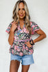 Bohemian Floral Tiered Short Sleeve Rick Rack Blouse