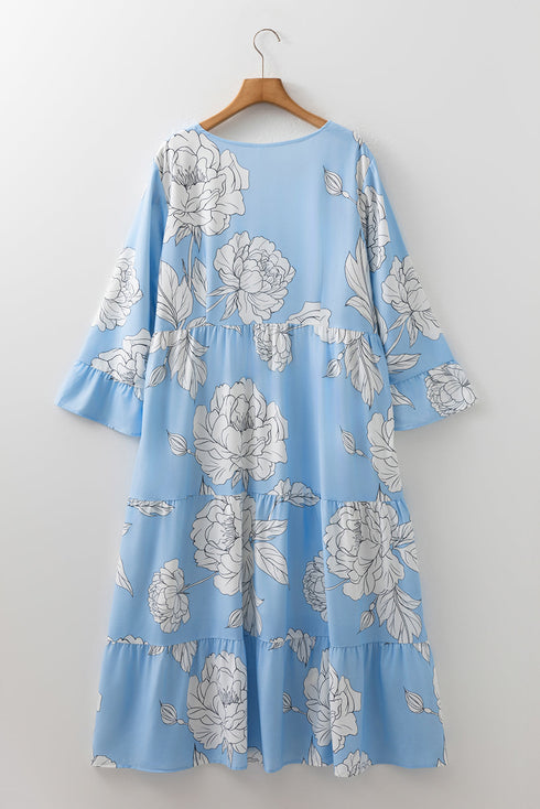 Bohemian Floral V Neck Tiered Plus Size Maxi Dress
