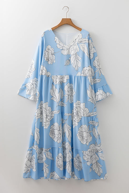 Bohemian Floral V Neck Tiered Plus Size Maxi Dress