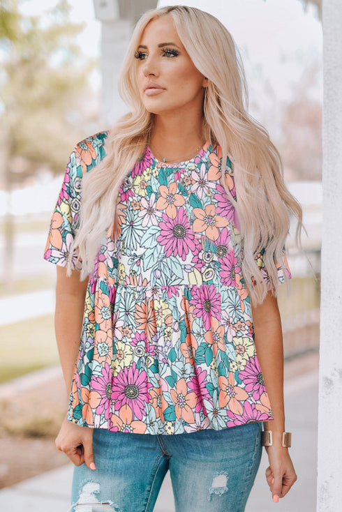 Bohemian Flower Print Flowy Short Sleeve Top