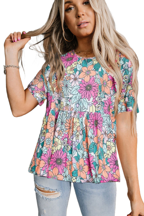 Bohemian Flower Print Flowy Short Sleeve Top