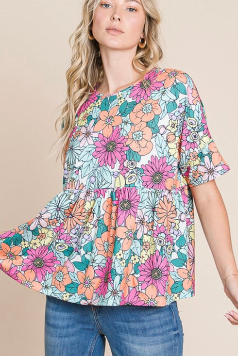 Bohemian Flower Print Flowy Short Sleeve Top