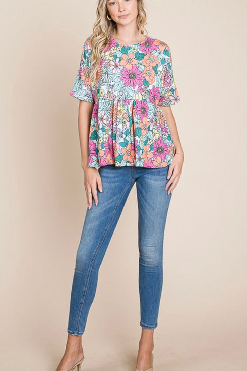 Bohemian Flower Print Flowy Short Sleeve Top