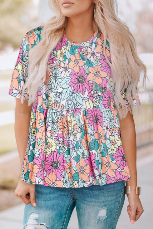 Bohemian Flower Print Flowy Short Sleeve Top