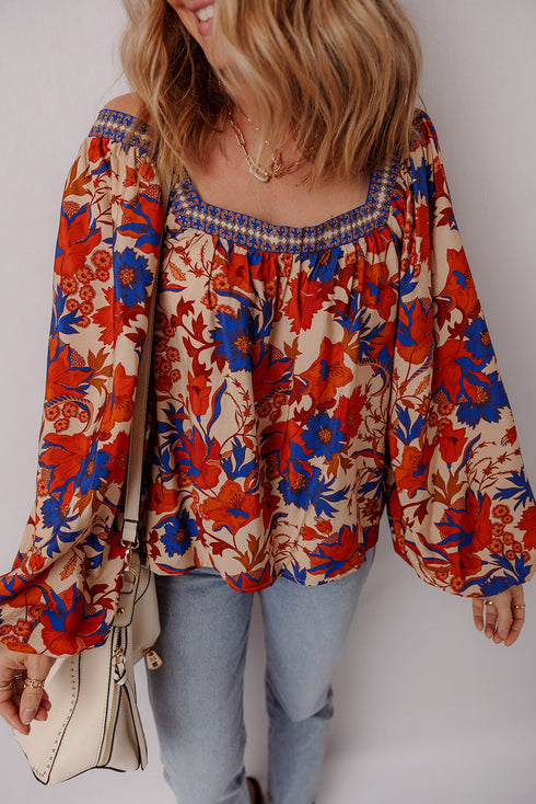 Bohemian Folk Floral Print Smocked Square Neck Blouse
