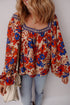 Bohemian Folk Floral Print Smocked Square Neck Blouse
