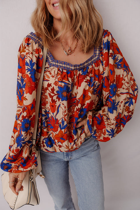 Bohemian Folk Floral Print Smocked Square Neck Blouse