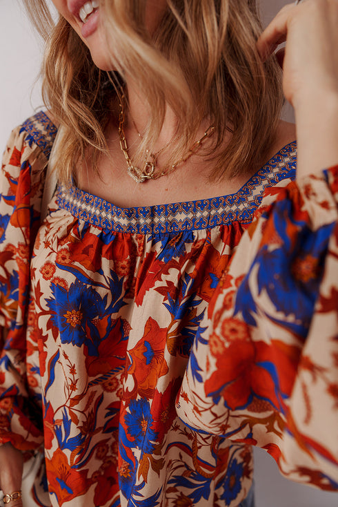 Bohemian Folk Floral Print Smocked Square Neck Blouse