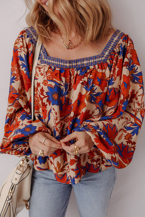 Bohemian Folk Floral Print Smocked Square Neck Blouse