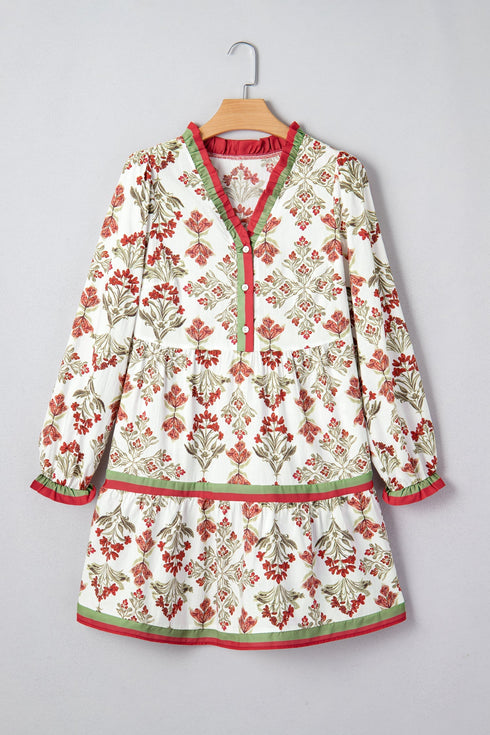 Bohemian Frilled Neck Long Sleeve A Line Floral Dress