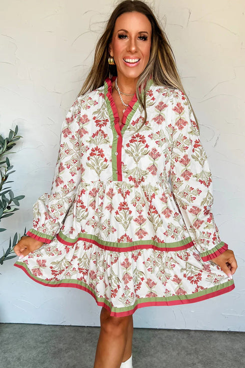 Bohemian Frilled Neck Long Sleeve A Line Floral Dress