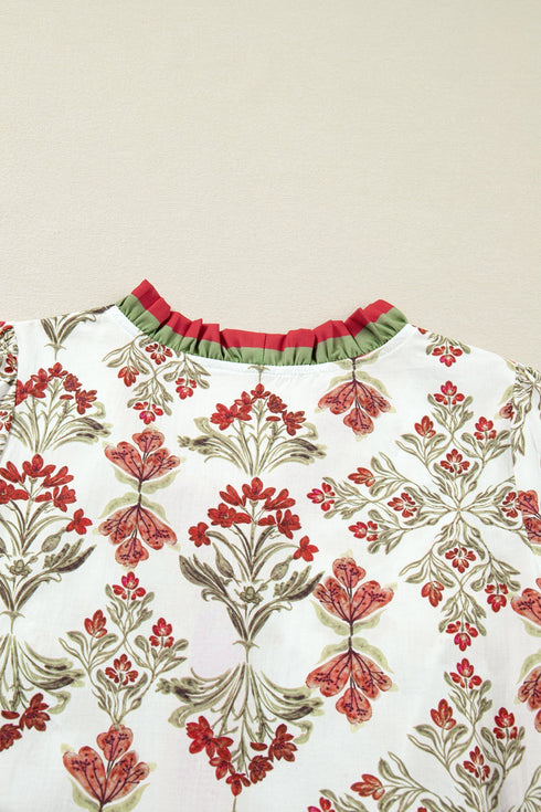 Bohemian Frilled Neck Long Sleeve A Line Floral Dress
