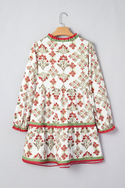 Bohemian Frilled Neck Long Sleeve A Line Floral Dress