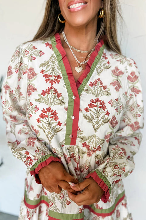 Bohemian Frilled Neck Long Sleeve A Line Floral Dress