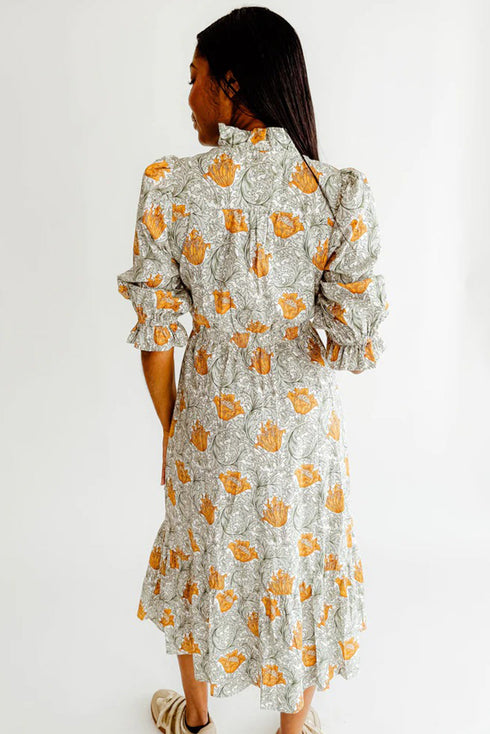 Bohemian Frilled V Neck Bracelet Sleeve Long Floral Dress