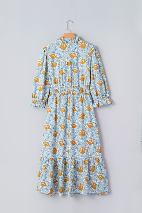 Bohemian Frilled V Neck Bracelet Sleeve Long Floral Dress