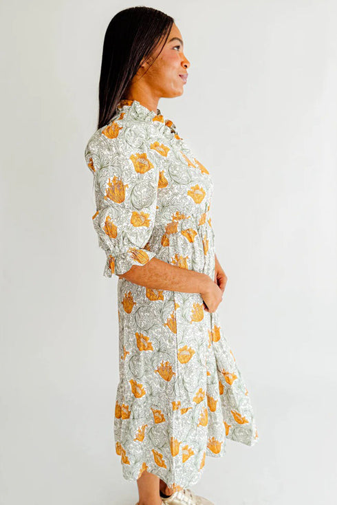 Bohemian Frilled V Neck Bracelet Sleeve Long Floral Dress