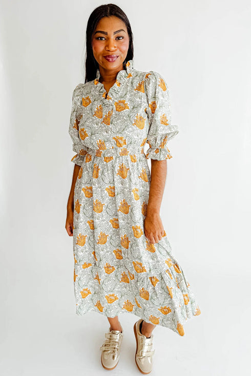 Bohemian Frilled V Neck Bracelet Sleeve Long Floral Dress
