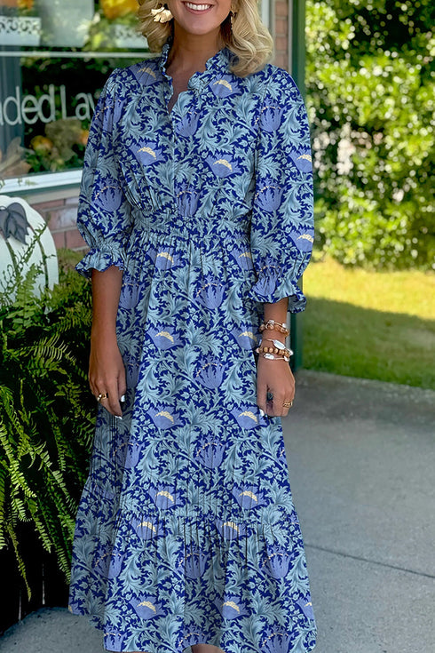 Bohemian Frilled V Neck Bracelet Sleeve Long Floral Dress