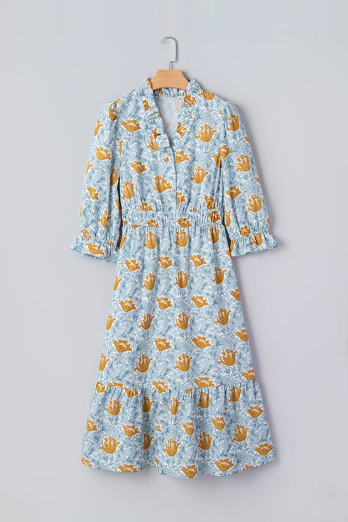 Bohemian Frilled V Neck Bracelet Sleeve Long Floral Dress