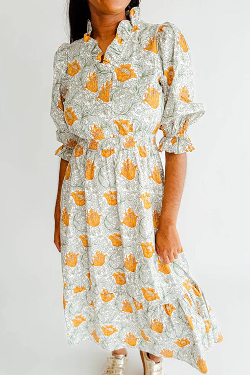 Bohemian Frilled V Neck Bracelet Sleeve Long Floral Dress