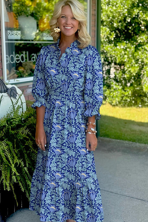 Bohemian Frilled V Neck Bracelet Sleeve Long Floral Dress