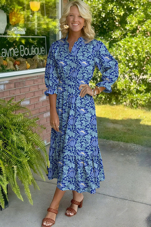 Bohemian Frilled V Neck Bracelet Sleeve Long Floral Dress