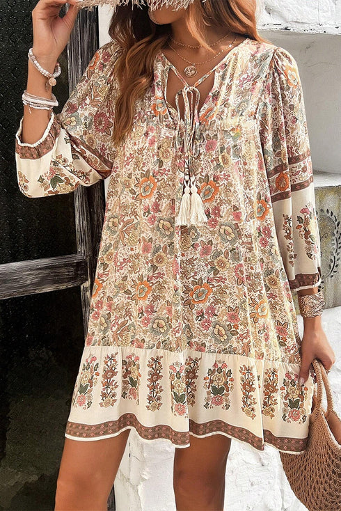 Bohemian Fringe Tassel V Neck Loose Mini Floral Dress