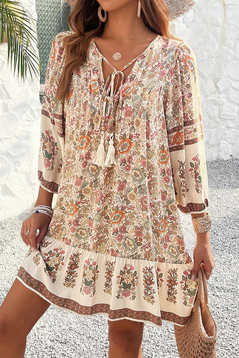 Bohemian Fringe Tassel V Neck Loose Mini Floral Dress