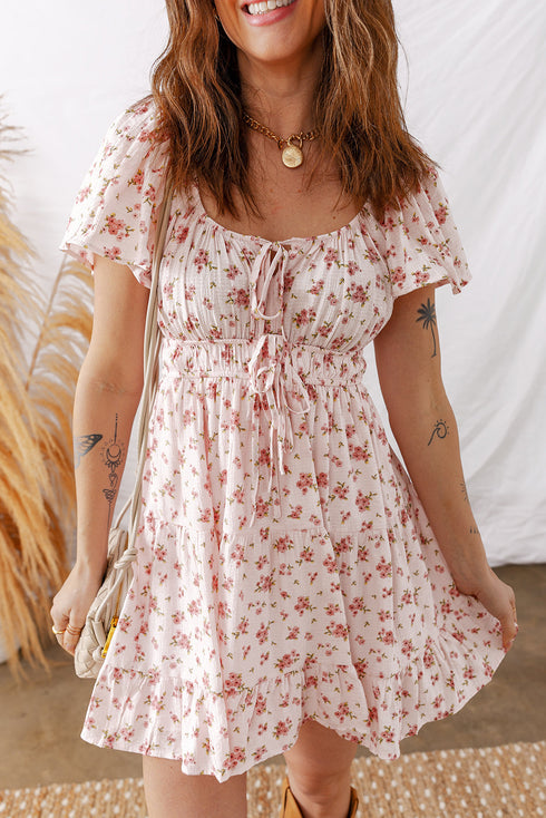 Bohemian Front Tie Smocked Waist Ruffled Mini Floral Dress