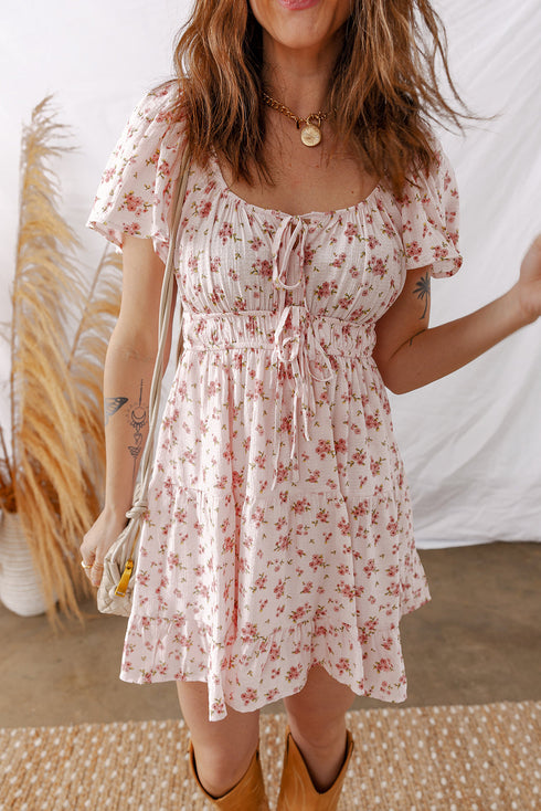 Bohemian Front Tie Smocked Waist Ruffled Mini Floral Dress