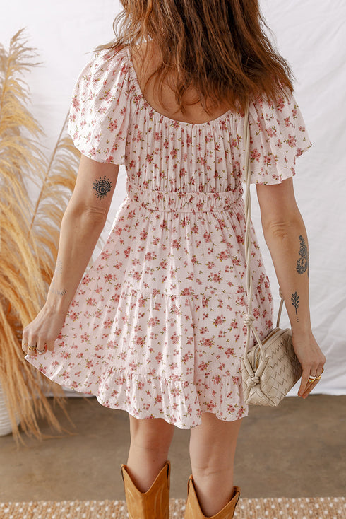 Bohemian Front Tie Smocked Waist Ruffled Mini Floral Dress