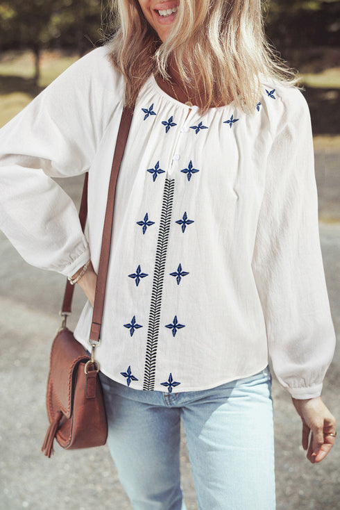 Bohemian Geometric Embroidered Cotton Long Sleeve Button Down Blouse