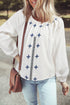 Bohemian Geometric Embroidered Cotton Long Sleeve Button Down Blouse