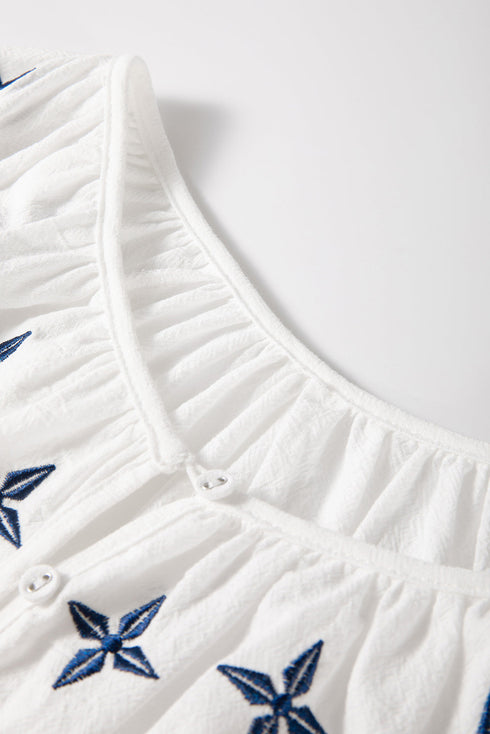 Bohemian Geometric Embroidered Cotton Long Sleeve Button Down Blouse