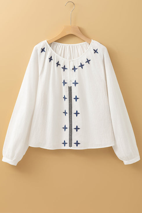 Bohemian Geometric Embroidered Cotton Long Sleeve Button Down Blouse