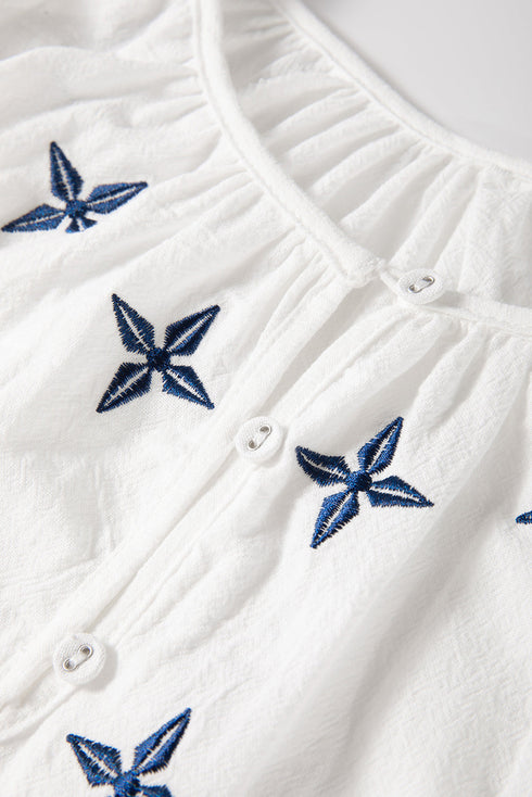 Bohemian Geometric Embroidered Cotton Long Sleeve Button Down Blouse