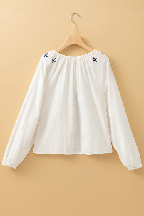 Bohemian Geometric Embroidered Cotton Long Sleeve Button Down Blouse