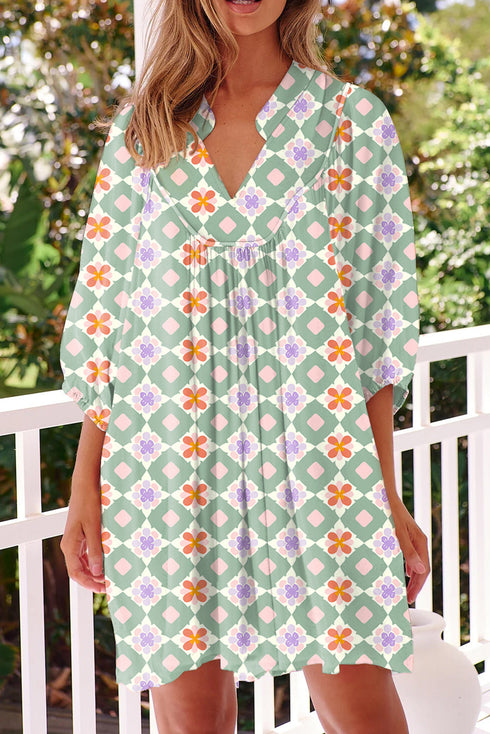 Bohemian Geometric Floral Patchwork Notched Neck Mini Dress