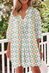 Bohemian Geometric Floral Patchwork Notched Neck Mini Dress