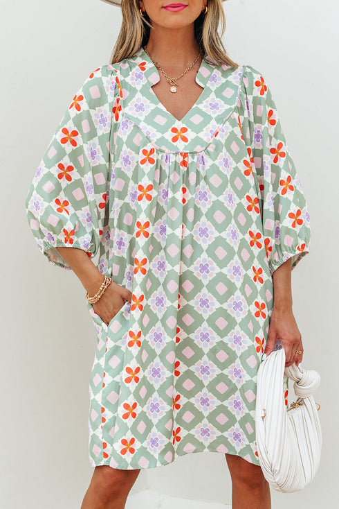 Bohemian Geometric Floral Patchwork Notched Neck Mini Dress