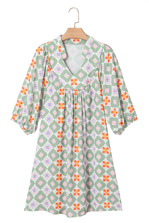 Bohemian Geometric Floral Patchwork Notched Neck Mini Dress